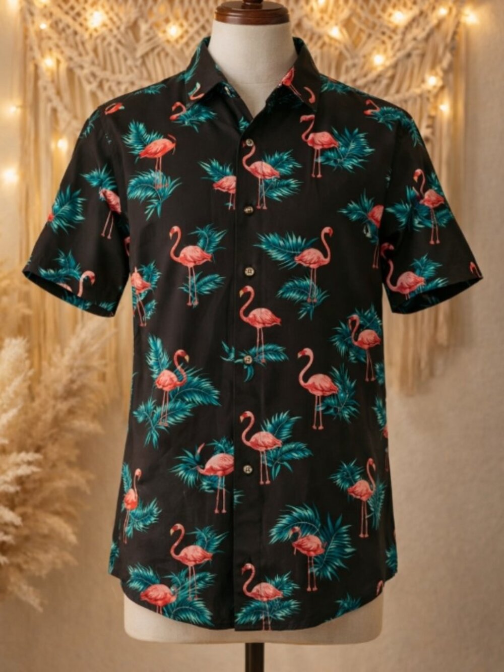 WESTY Flamingo Palm Button-Up Shirt M Tropical Resortcore Cotton Vacation Vibes